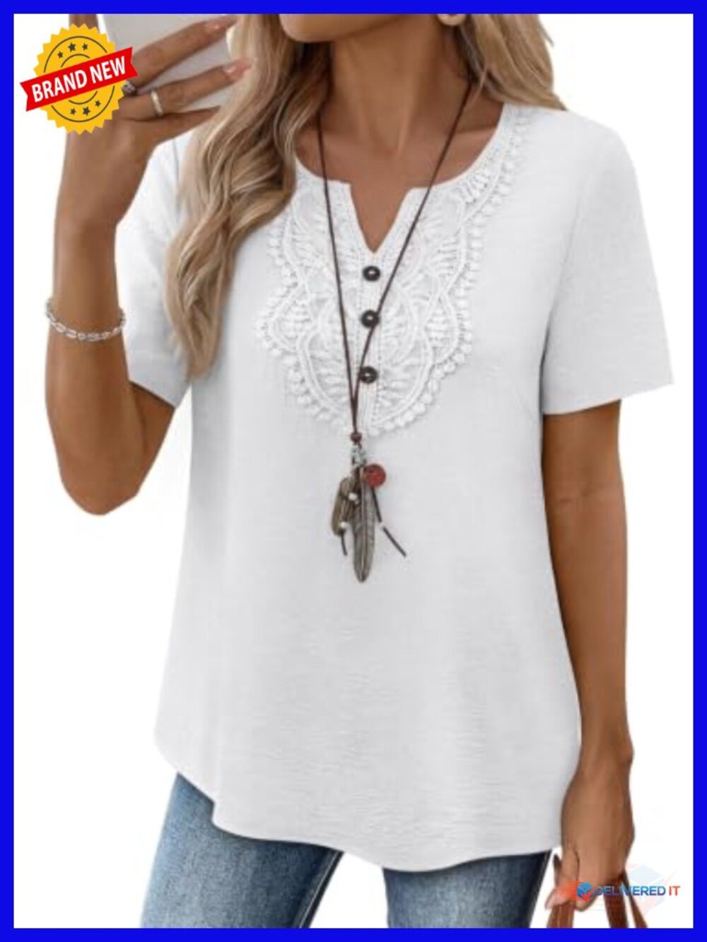 Women's Casual Boho V Neck Lace Trim Short Sleeve Shirt